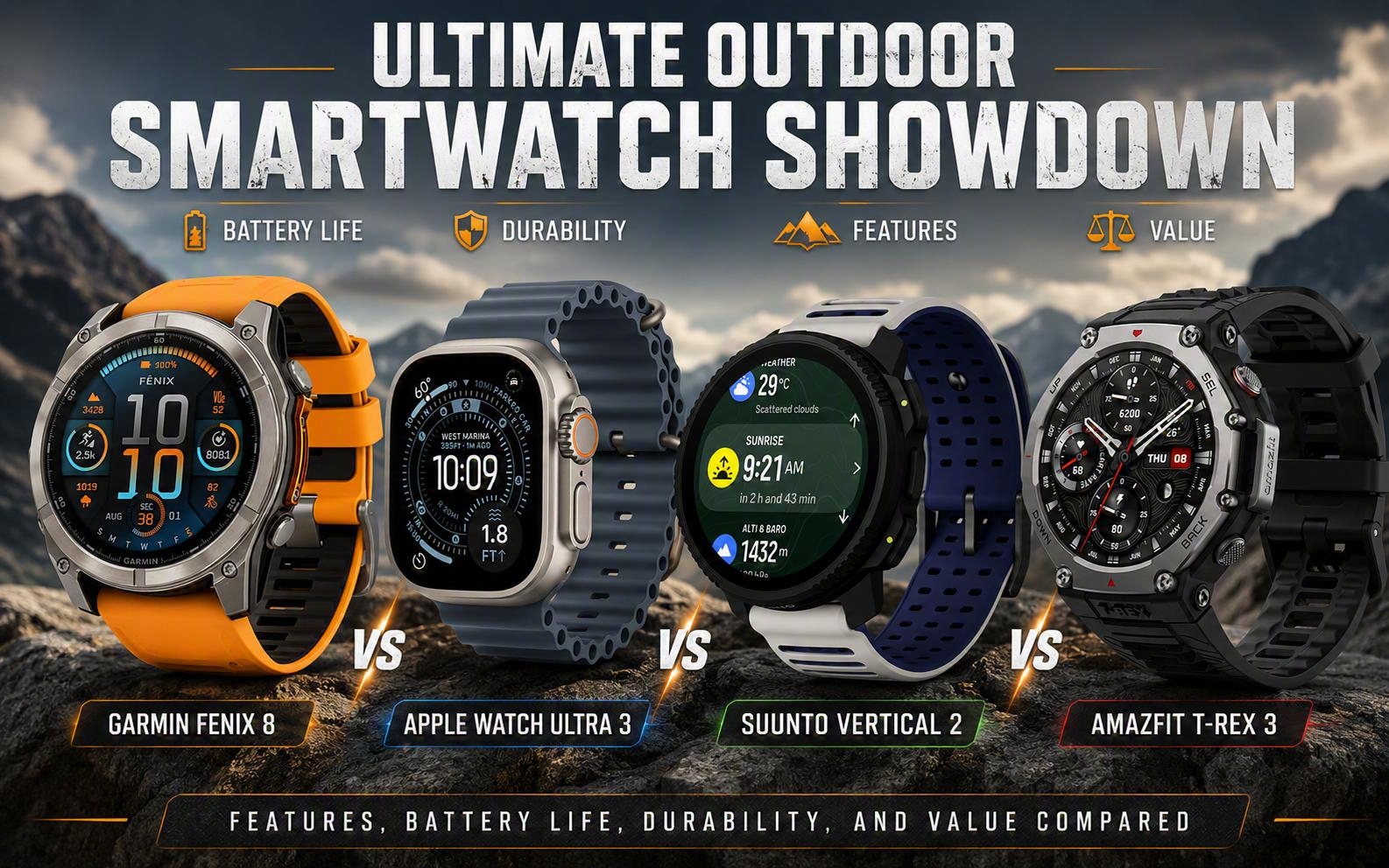 Garmin Fenix 8 vs. Apple Watch Ultra 3 vs. Suunto Vertical 2 vs. Amazfit T-Rex 3